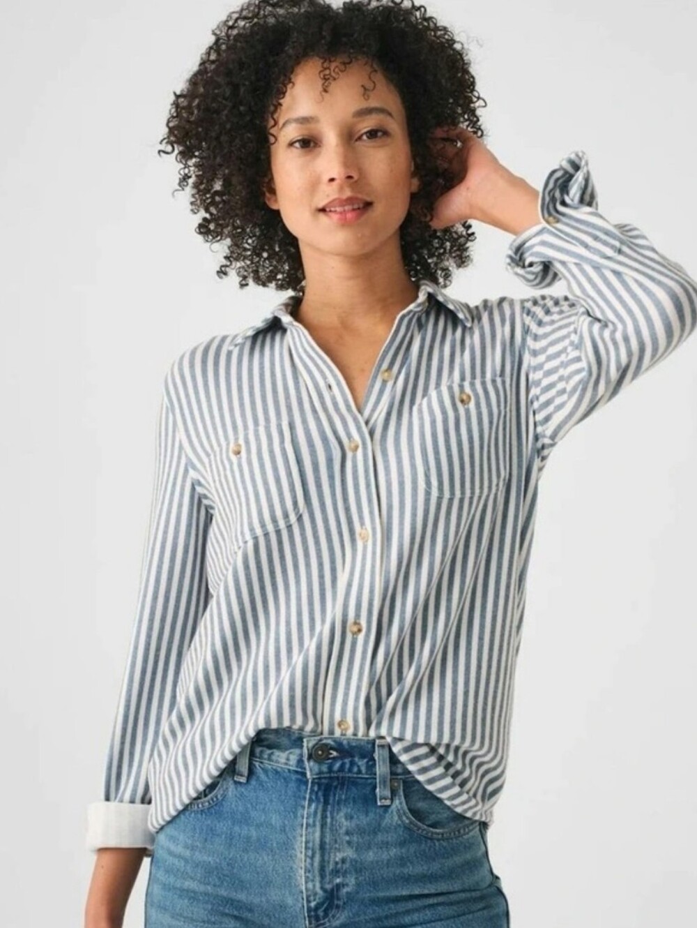 💎 Faherty Women's Top Legend Sweater Shirt Navy Button Down Shirt